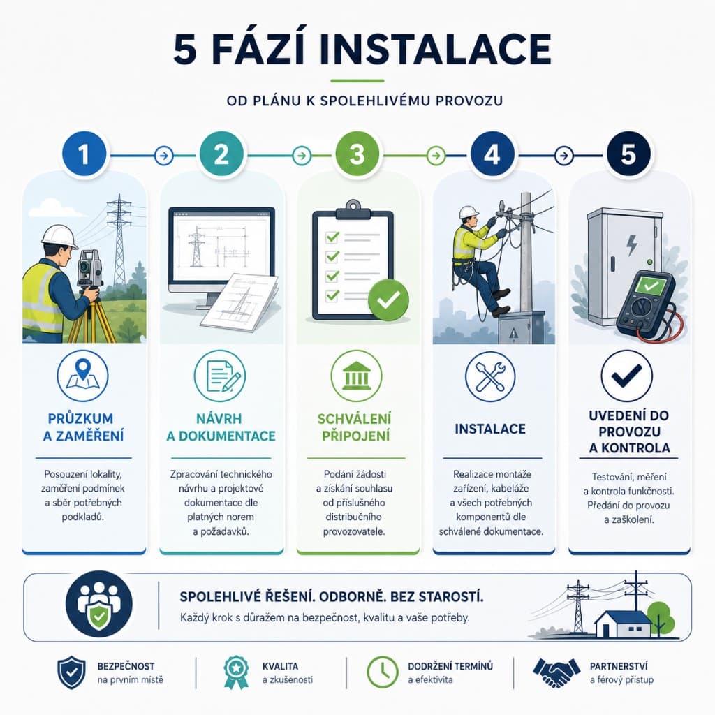 Pět fází instalace FVE: průzkum, návrh a dokumentace, schválení připojení, montáž, uvedení do provozu a předání s protokolem o měření