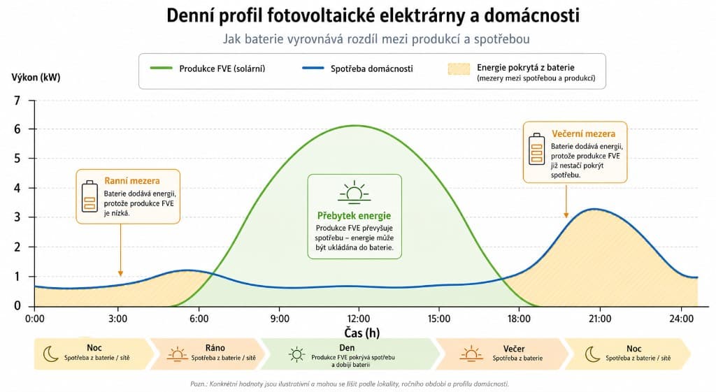 Denní profil: produkce FVE s polední špičkou, spotřeba domácnosti s večerní špičkou a oblasti, které baterie vyrovnává