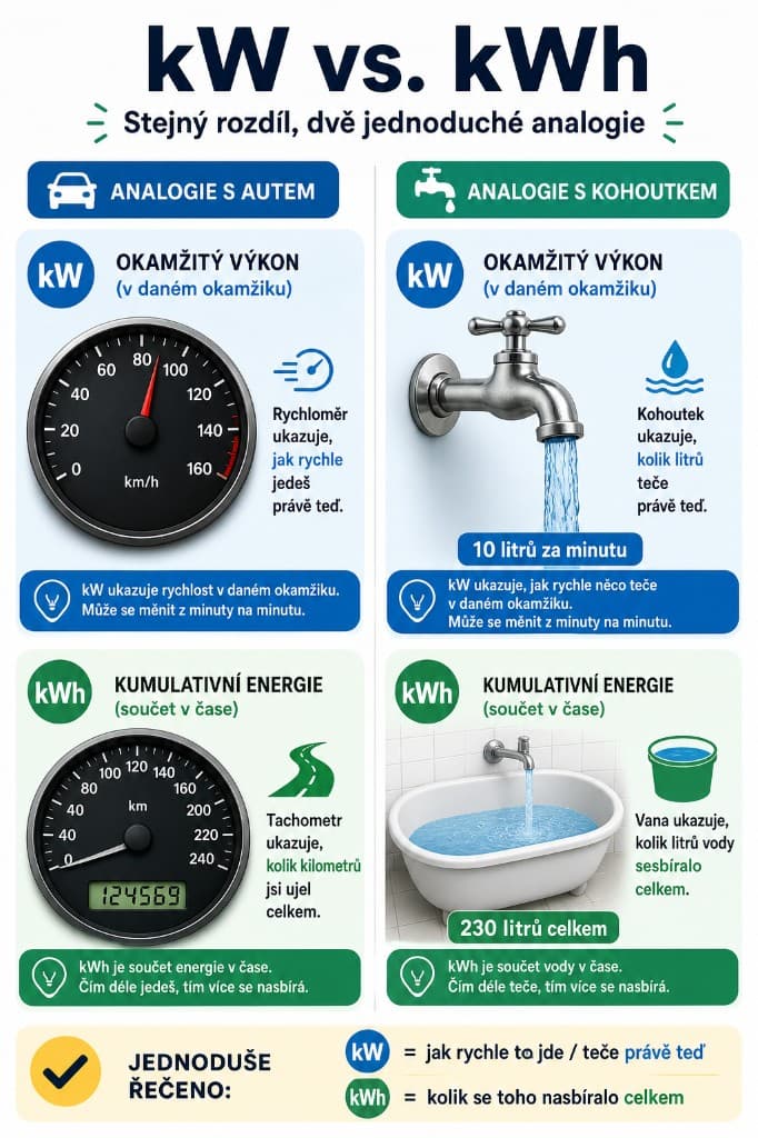 Infografika kW vs. kWh: analogie s rychloměrem a tachometrem auta a s kohoutkem a vanou