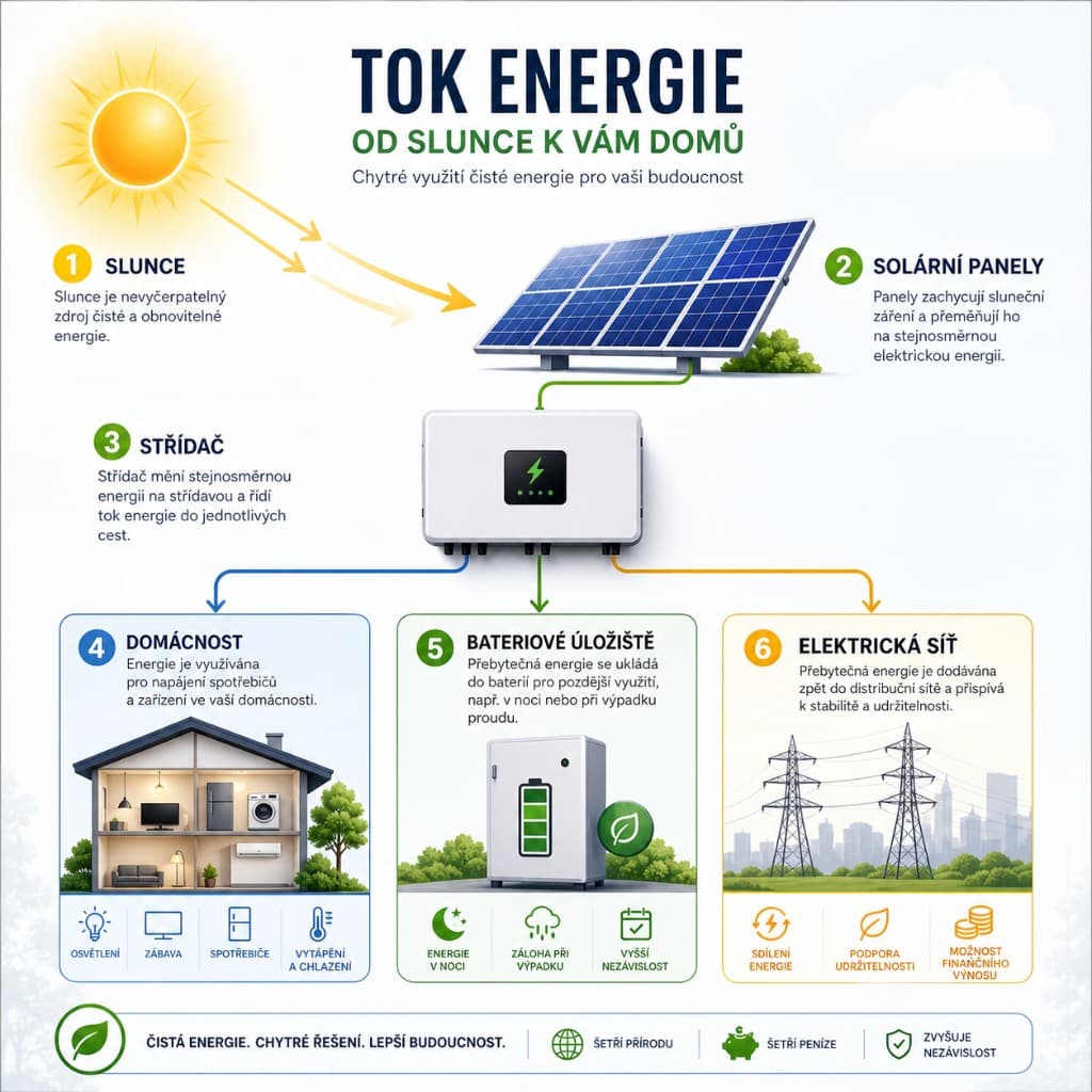 Tok energie od slunce přes panely a měnič do domácnosti, bateriového úložiště a veřejné sítě