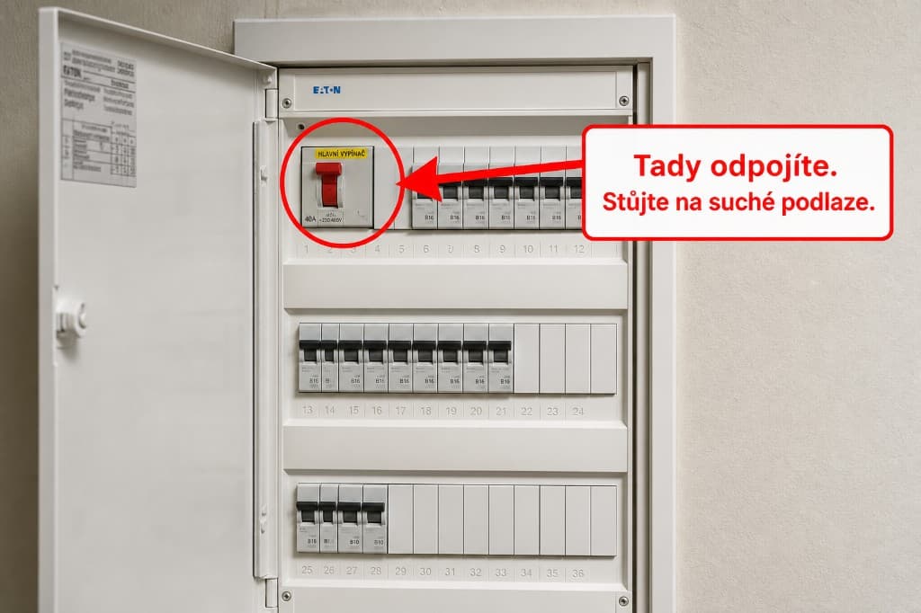 Bytový rozvaděč s vyznačeným hlavním vypínačem a pokynem odpojit ze suché podlahy