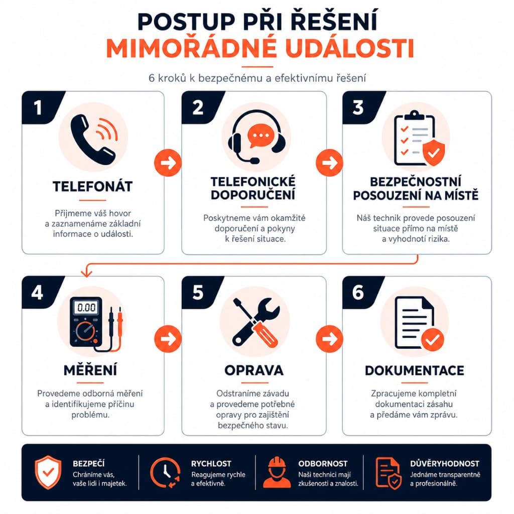 Šest kroků havarijního výjezdu: telefonát, doporučení, posouzení na místě, měření, oprava, dokumentace