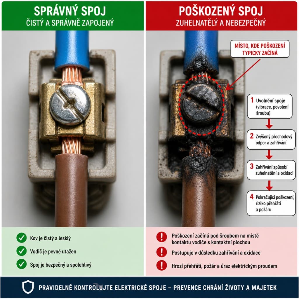Srovnání správného čistého spoje a zuhelnatělého poškozeného spoje ve svorce