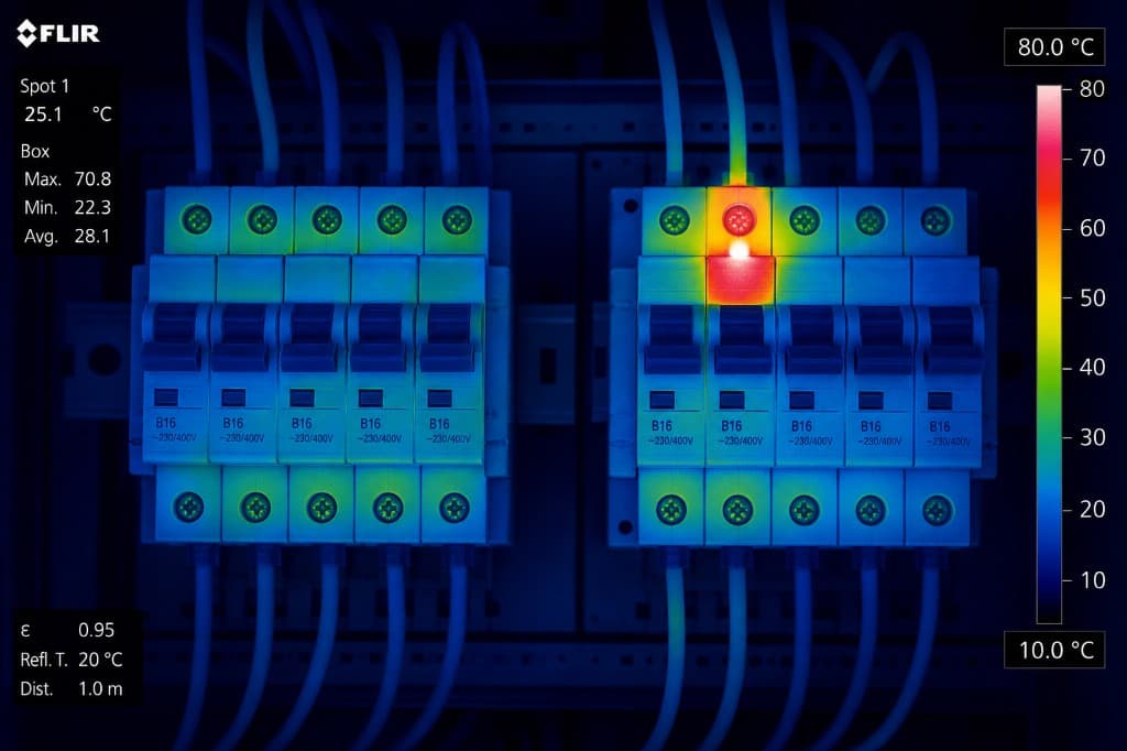 Termografický snímek řady jističů s horkým místem na kontaktu jednoho jističe