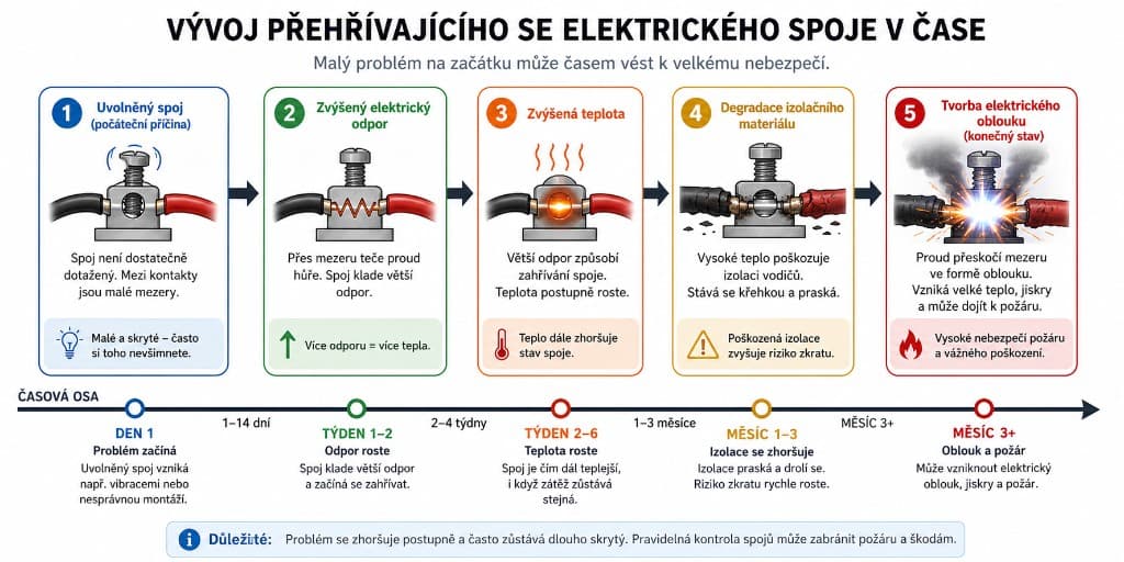Pět kroků vývoje přehřívajícího se spoje: uvolnění, vyšší odpor, teplota, degradace izolace, elektrický oblouk