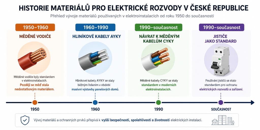 Časová osa materiálů elektrických rozvodů v ČR: měď 1950–1960, hliníkové AYKY 1960–1990, návrat k měděným CYKY a jističům od 1990