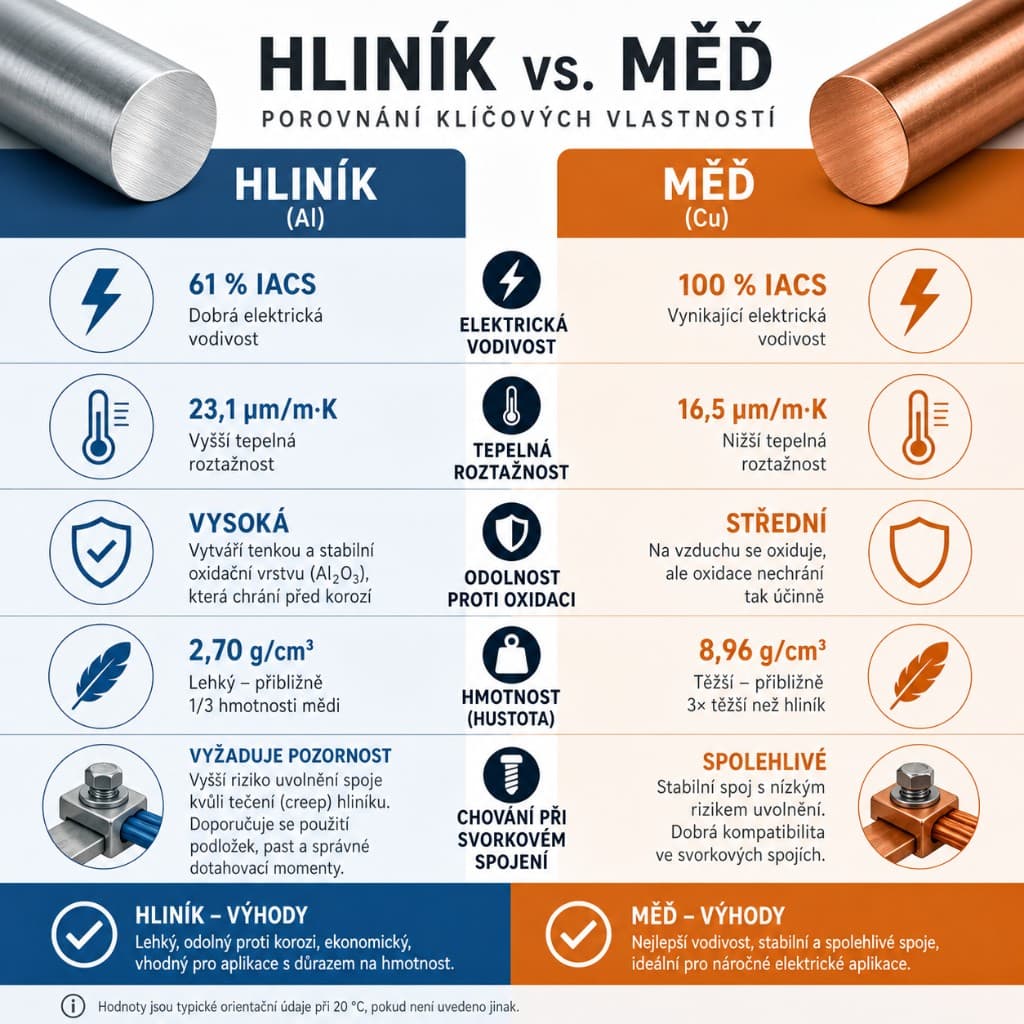Infografika hliník vs. měď: vodivost, tepelná roztažnost, odolnost proti oxidaci, hustota a chování ve svorkovém spoji
