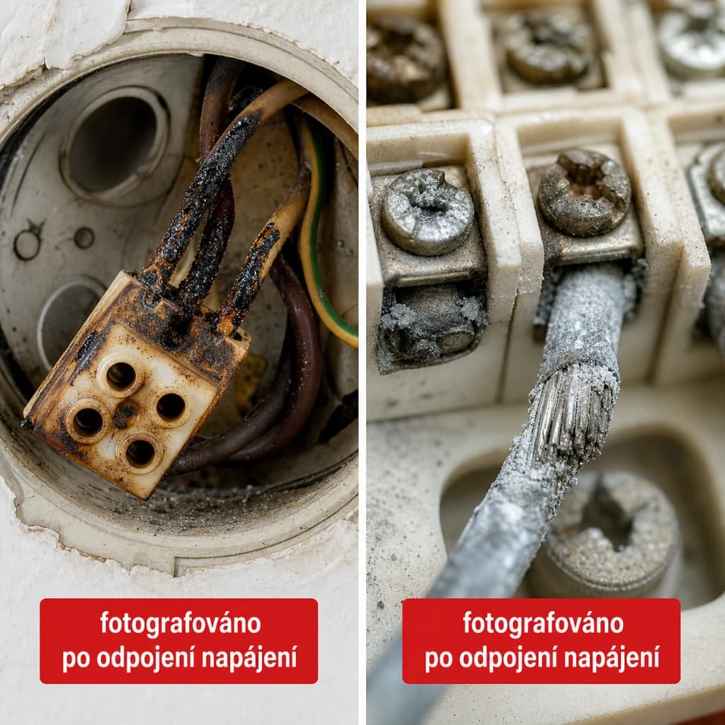 Přehřátý a natavený spoj v krabici vedle silně oxidovaného hliníkového vodiče ve šroubové svorce; fotografováno po odpojení napájení