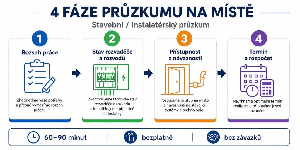 Čtyři fáze průzkumu na místě: rozsah práce, stav rozvaděče a rozvodů, přístupnost a návaznosti, termín a rozpočet
