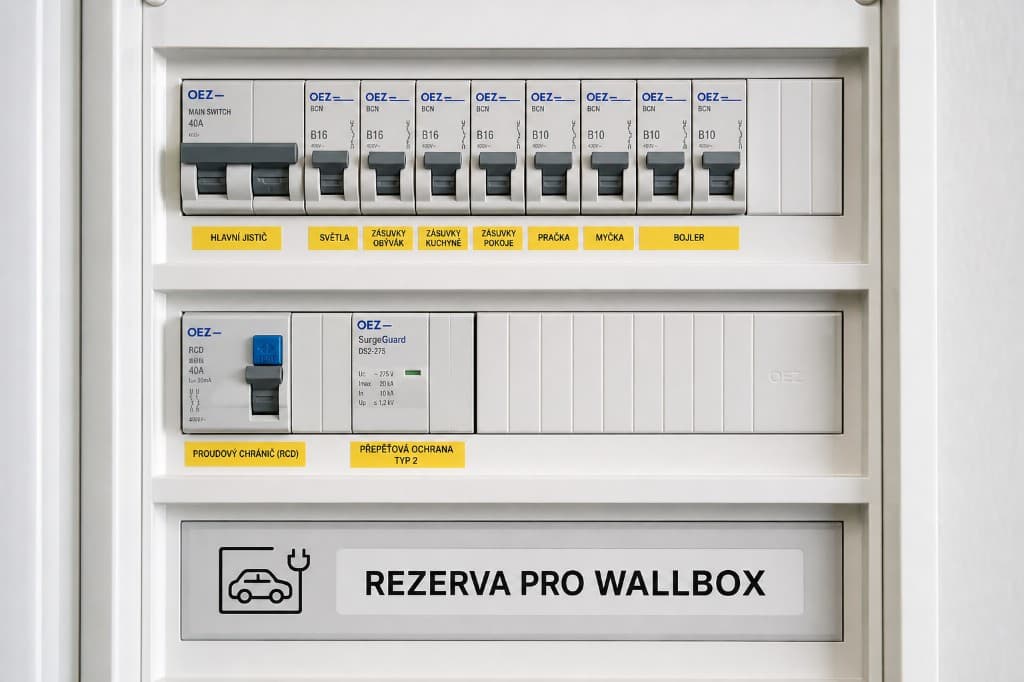Moderní rozvaděč s označenými okruhy, RCD, přepěťovou ochranou Type 2 a rezervou místa pro wallbox