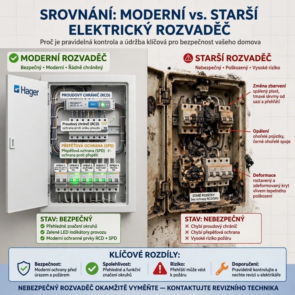 Srovnání moderního rozvaděče s RCD, SPD a označenými okruhy versus starší rozvaděč se zbarvením, opálením a pojistkami bez RCD a SPD