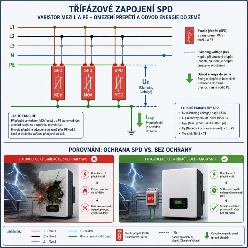 Třífázové zapojení SPD: varistory MOV mezi fázemi a PE, clampingové napětí Uc a srovnání FVE měniče bez SPD a se SPD